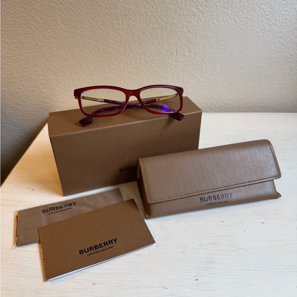 Burberry London Red eyeglasses with case, tag, dust cloth and box all original